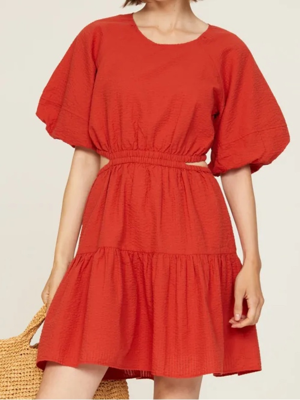 Madewell Seersucker Puff-Sleeve Cutout Button Back Mini Dress Rust Color Size XS